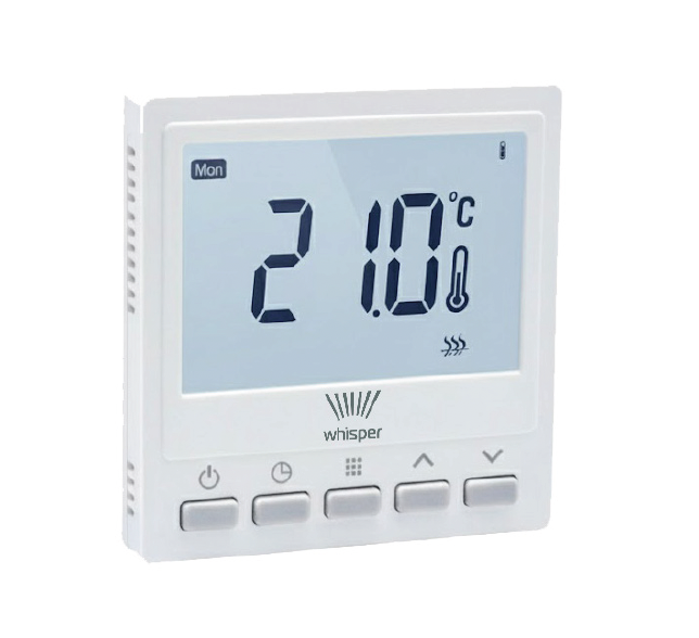 Whisper Controls WR-304 Wireless Thermostat in white, displaying a digital temperature screen and five physical buttons for precise underfloor heating control.